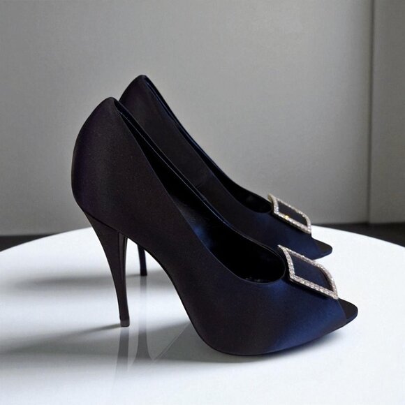 NIB Authentic Saint Laurent Black Frankly 115 Satin Peep Pump Sandals - Picture 5 of 16